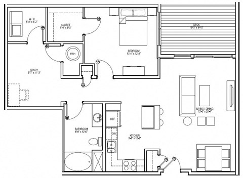Floor plan for 1 bed, 1 bath, 1045 sqft